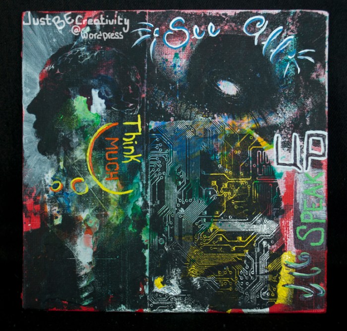 Action Enlightened. Acrylic Paint, Metallic Wrappers, Photocopy Transfers and Acrylic Medium on a Canvas Board. Spring 2013.