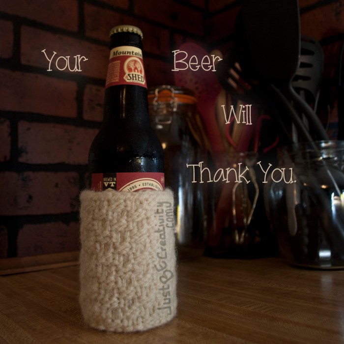 Shed Mountain Ale in a Hand-made Knitted Cozy.