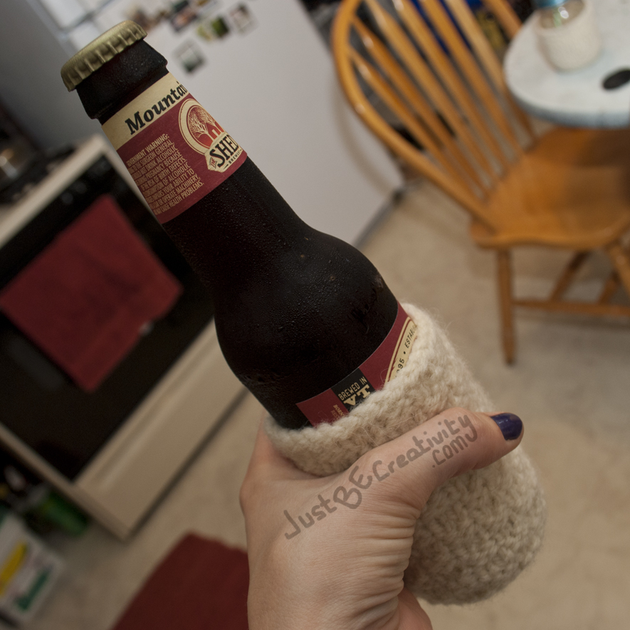 Shed Mountain Ale in a Hand-made Knitted Cozy.